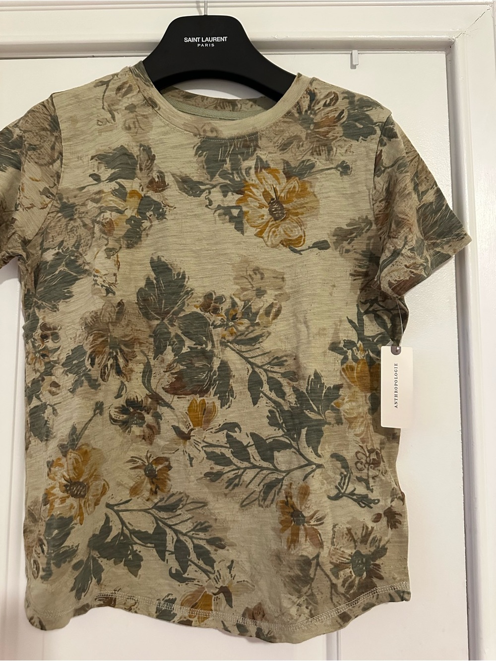 Anthropologie Beige Floral Short-Sleeve Tee with Olive and Mustard Print